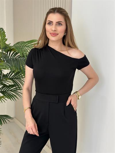 Tek Omzu Dekolteli Penye Tshirt Siyah