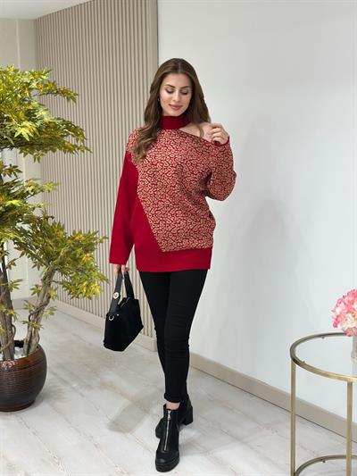 Tek Omzu Pencere Detaylı Leopar Desenli Rahat Kalıp Kazak Kırmızı