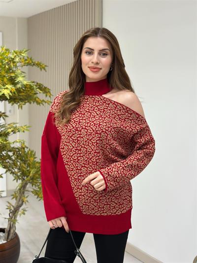 Tek Omzu Pencere Detaylı Leopar Desenli Rahat Kalıp Kazak Kırmızı