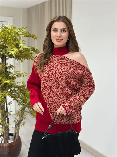 Tek Omzu Pencere Detaylı Leopar Desenli Rahat Kalıp Kazak Kırmızı