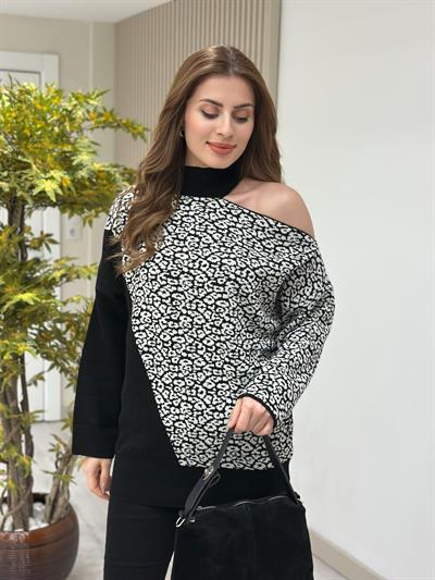 Tek Omzu Pencere Detaylı Leopar Desenli Rahat Kalıp Kazak Siyah