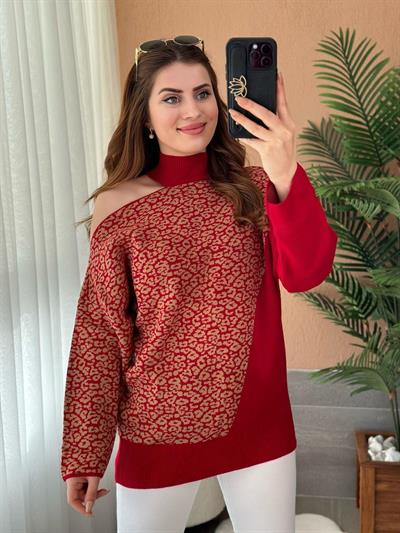 Tek Omzu Pencere Detaylı Leopar Desenli Rahat Kalıp Kazak Kırmızı