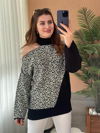 Tek Omzu Pencere Detaylı Leopar Desenli Rahat Kalıp Kazak Siyah