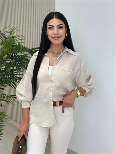 Tensel Kolları Volanlı Gömlek Bej
