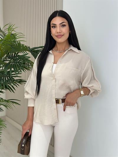 Tensel Kolları Volanlı Gömlek Bej