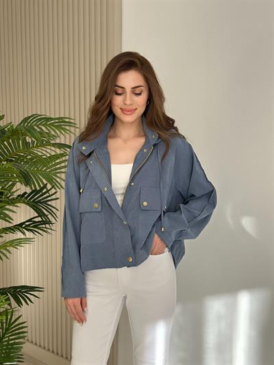 Tensel Kumaş Gold Çıtçıtlı Ceket Mavi