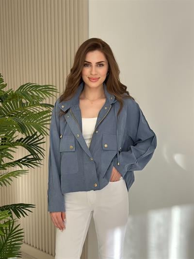 Tensel Kumaş Gold Çıtçıtlı Ceket Mavi