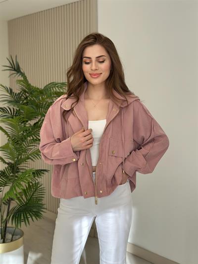 Tensel Kumaş Gold Çıtçıtlı Ceket Pudra