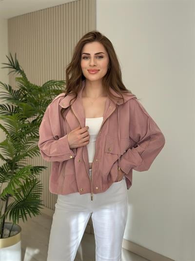 Tensel Kumaş Gold Çıtçıtlı Ceket Pudra