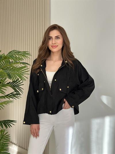 Tensel Kumaş Gold Çıtçıtlı Ceket Siyah