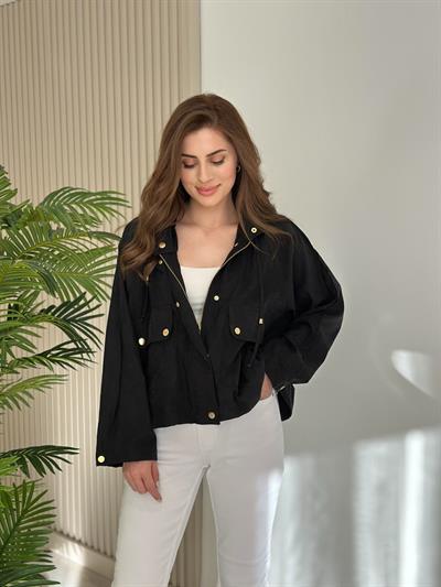 Tensel Kumaş Gold Çıtçıtlı Ceket Siyah