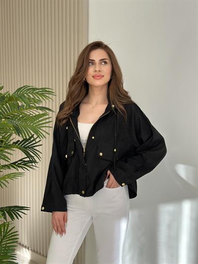Tensel Kumaş Gold Çıtçıtlı Ceket Siyah