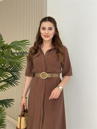 Tensel Kumaş Kemerli Gömlek Elbise Kahve