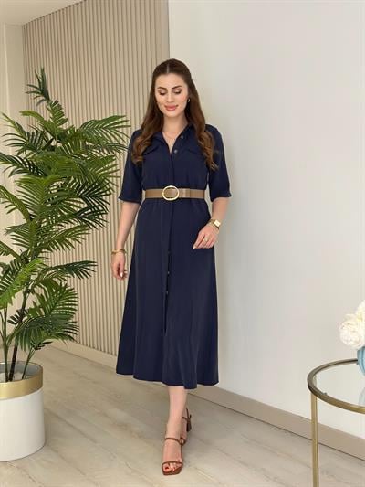 Tensel Kumaş Kemerli Gömlek Elbise Lacivert