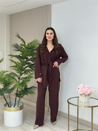 Tensel Kumaş Önü Bağlama Detaylı Takım Bordo