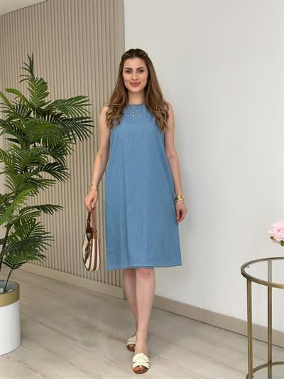 Tensel Kumaş Sıfır Kol Denım Elbise Buz mavi