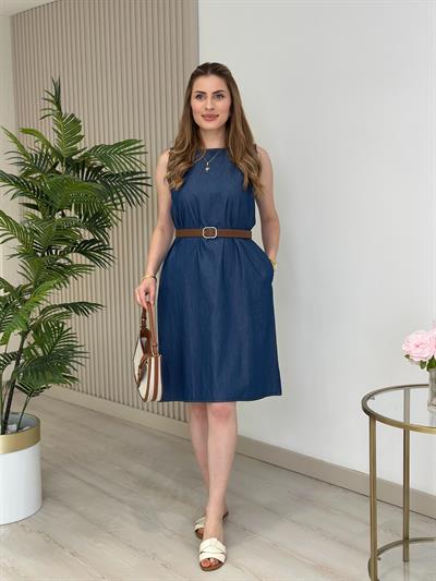 Tensel Kumaş Sıfır Kol Denım Elbise Lacivert