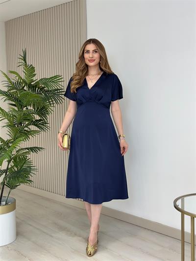 Tok Dokulu Pamuk Saten Midi Boy Elbise Lacivert