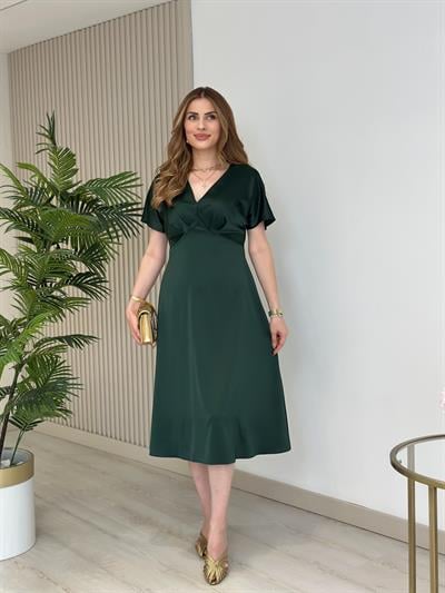 Tok Dokulu Pamuk Saten Midi Boy Elbise Zümrüt Yeşil 