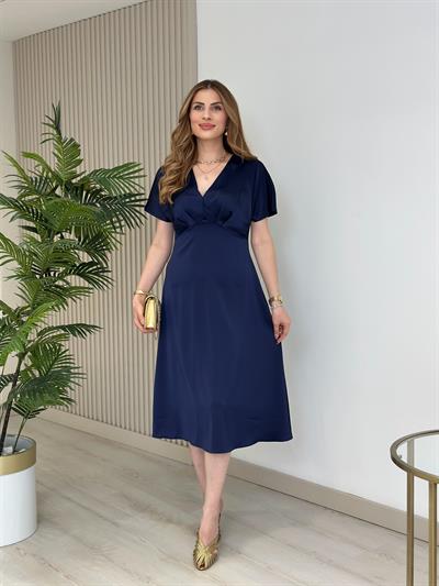 Tok Dokulu Pamuk Saten Midi Boy Elbise Lacivert