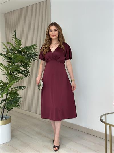 Tok Dokulu Pamuk Saten Midi Boy Elbise Bordo