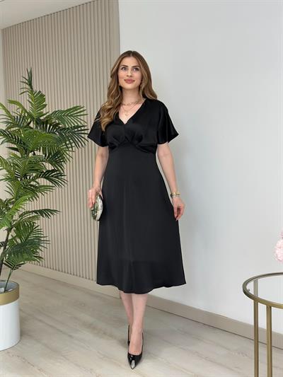Tok Dokulu Pamuk Saten Midi Boy Elbise Siyah