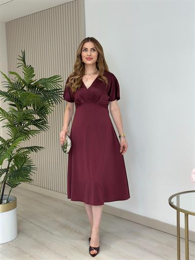 Tok Dokulu Pamuk Saten Midi Boy Elbise Bordo