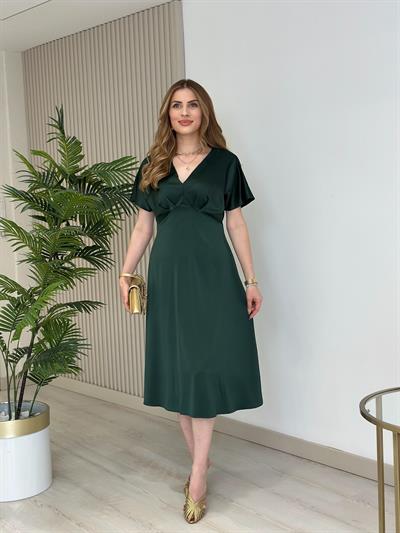 Tok Dokulu Pamuk Saten Midi Boy Elbise Zümrüt Yeşil 