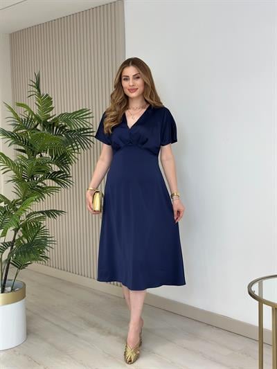 Tok Dokulu Pamuk Saten Midi Boy Elbise Lacivert