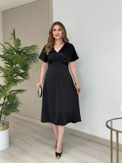 Tok Dokulu Pamuk Saten Midi Boy Elbise Siyah