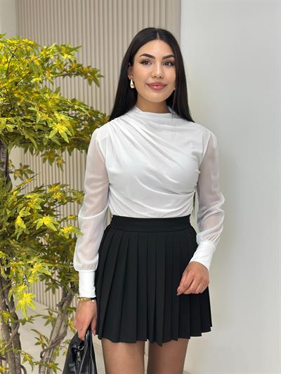 Tül Kol Drapeli Sandy Kumaş Bluz Beyaz