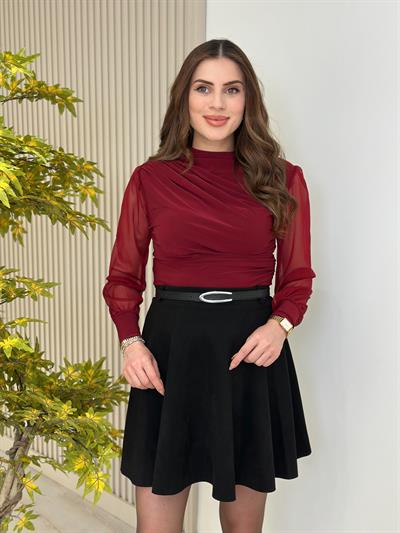 Tül Kol Drapeli Sandy Kumaş Bluz Bordo