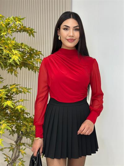Tül Kol Drapeli Sandy Kumaş Bluz Kırmızı