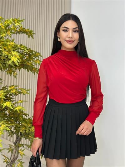 Tül Kol Drapeli Sandy Kumaş Bluz Kırmızı