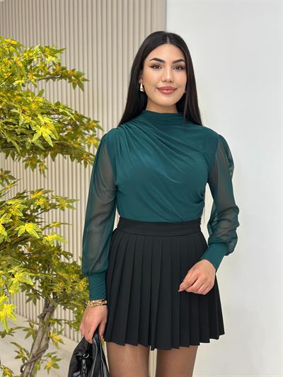 Tül Kol Drapeli Sandy Kumaş Bluz Zümrüt Yeşil