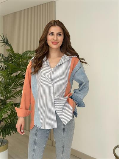 Turuncu Geçişli Jean Detaylı Tasarım Gömlek
