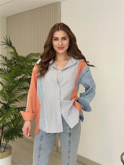 Turuncu Geçişli Jean Detaylı Tasarım Gömlek