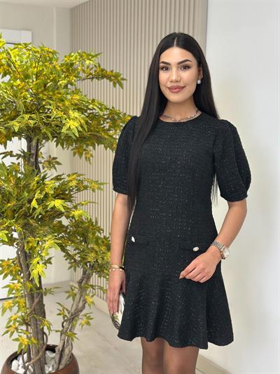 Tüvit Kumaş Etek Ucu Volanlı Elbise Siyah