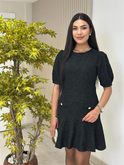 Tüvit Kumaş Etek Ucu Volanlı Elbise Siyah