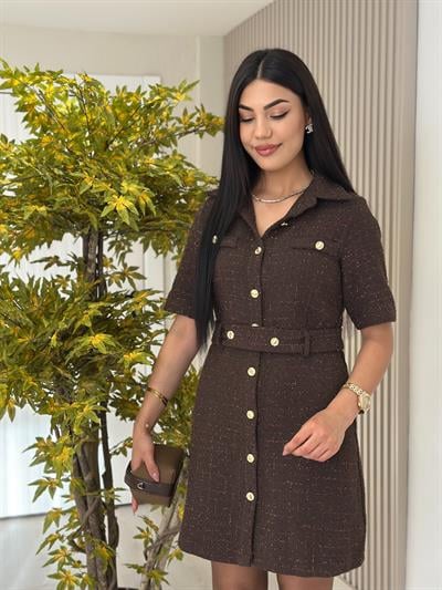 Tüvit Kumaş Kemerli Gömlek Elbise Kahve