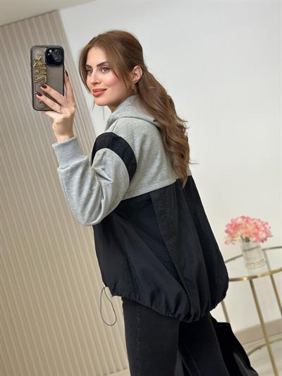 Tw Paraşüt Kumaş Mixli Tasarım Sweatshirt Siyah