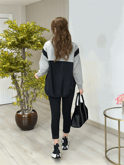 Tw Paraşüt Kumaş Mixli Tasarım Sweatshirt Siyah