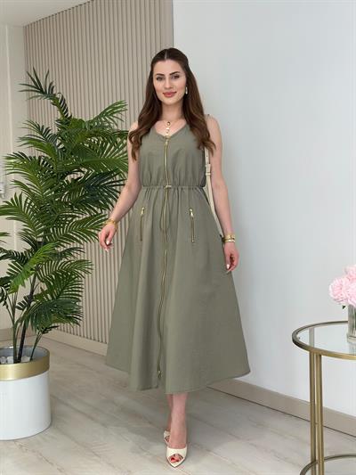 Twesty Çift Fermuarlı Beli Büzgülü Elbise Haki