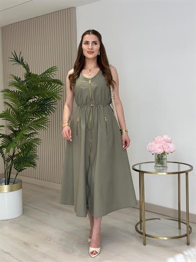 Twesty Çift Fermuarlı Beli Büzgülü Elbise Haki