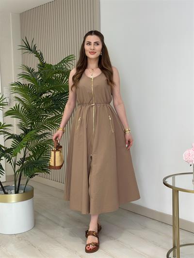 Twesty Çift Fermuarlı Beli Büzgülü Elbise Vizon