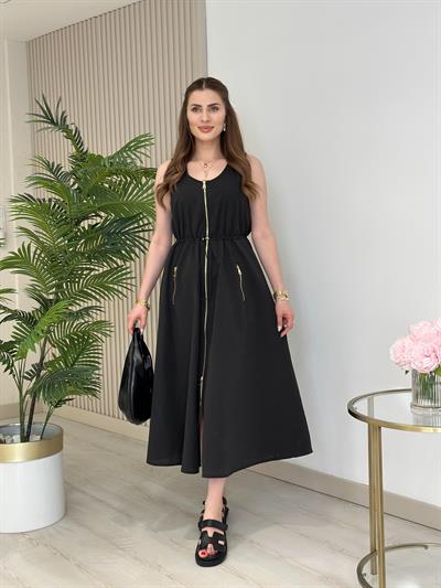 Twesty Çift Fermuarlı Beli Büzgülü Elbise Siyah