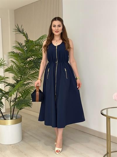 Twesty Çift Fermuarlı Beli Büzgülü Elbise Lacivert