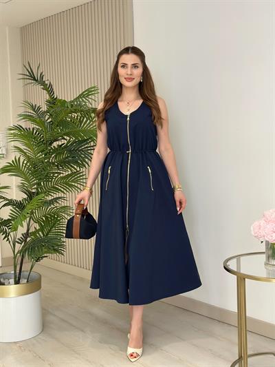 Twesty Çift Fermuarlı Beli Büzgülü Elbise Lacivert