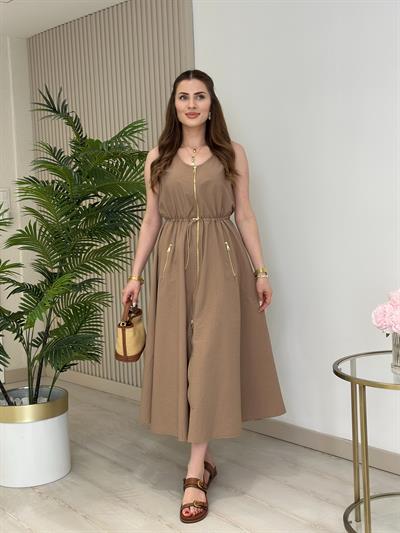 Twesty Çift Fermuarlı Beli Büzgülü Elbise Vizon