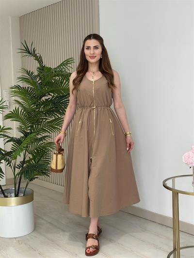 Twesty Çift Fermuarlı Beli Büzgülü Elbise Vizon